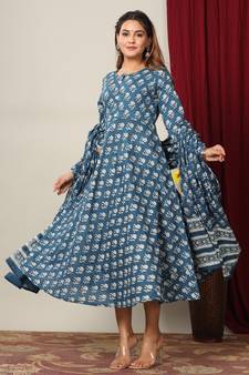 Womens Cotton Floral Print Anarkali Kurta with Dupatta