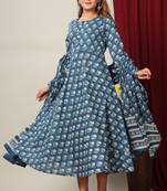 Womens Cotton Floral Print Anarkali Kurta with Dupatta