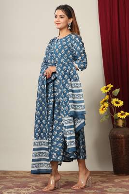 Womens Cotton Floral Print Anarkali Kurta with Dupatta 2