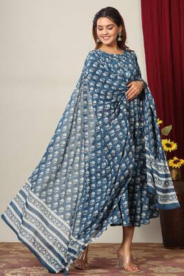 Womens Cotton Floral Print Anarkali Kurta with Dupatta 3