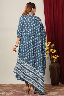 Womens Cotton Floral Print Anarkali Kurta with Dupatta 5