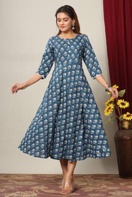 Womens Cotton Floral Print Anarkali Kurta with Dupatta 6