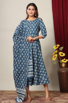 Womens Cotton Floral Print Anarkali Kurta with Dupatta 7