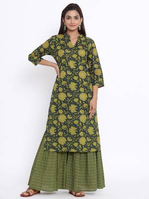 Womens Cotton Floral Print Straight Kurta Sharara Set 1