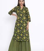 Womens Cotton Floral Print Straight Kurta Sharara Set