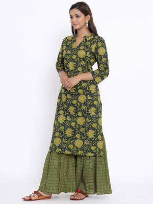 Womens Cotton Floral Print Straight Kurta Sharara Set 3