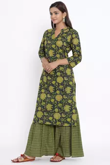 Womens Cotton Floral Print Straight Kurta Sharara Set