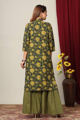 Womens Cotton Floral Print Straight Kurta Sharara Set 4