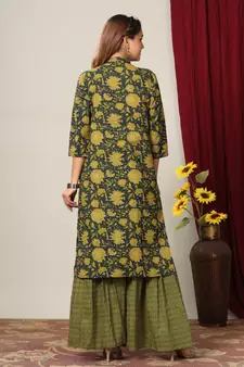 Womens Cotton Floral Print Straight Kurta Sharara Set