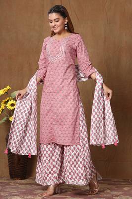 Women's Cotton Kurta With Palazzo & Dupatta Set 1