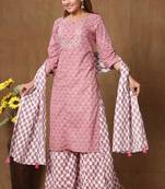 Women's Cotton Kurta With Palazzo & Dupatta Set