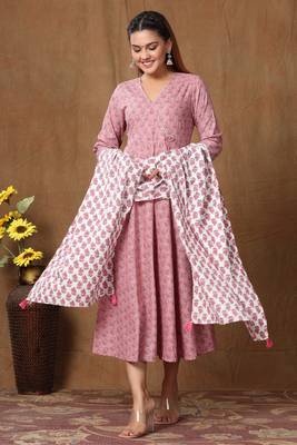 Womens Cotton Floral Print Anarkali Kurta with Dupatta 1