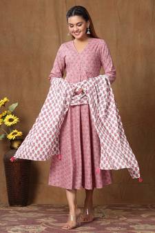 Womens Cotton Floral Print Anarkali Kurta with Dupatta