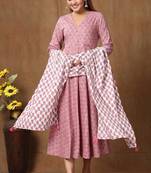 Womens Cotton Floral Print Anarkali Kurta with Dupatta