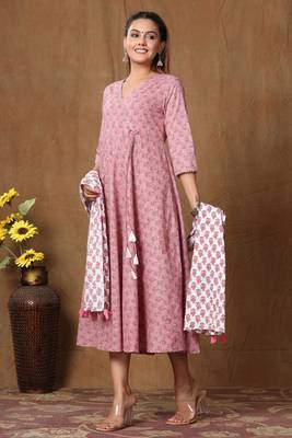 Womens Cotton Floral Print Anarkali Kurta with Dupatta 3