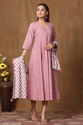 Womens Cotton Floral Print Anarkali Kurta with Dupatta 4