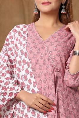 Womens Cotton Floral Print Anarkali Kurta with Dupatta 5