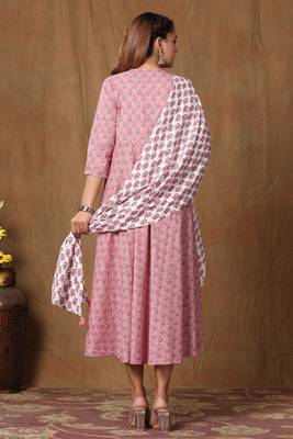 Womens Cotton Floral Print Anarkali Kurta with Dupatta 6