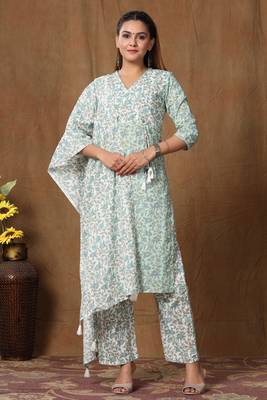 women Floral Printed straight angrakha cotton kurta palazzo with dupatta salwar suit set 6