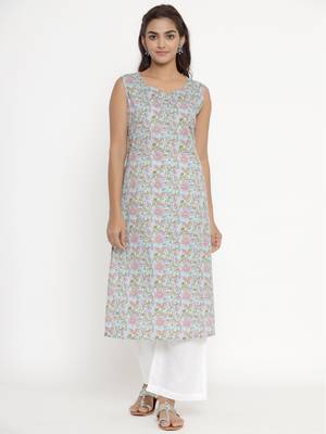 Womens Pure Cotton Floral Printed Sleeveless Straight Kurti 1