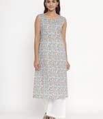 Womens Pure Cotton Floral Printed Sleeveless Straight Kurti