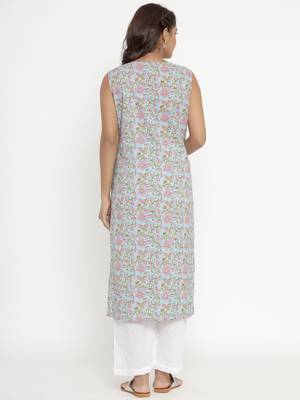 Womens Pure Cotton Floral Printed Sleeveless Straight Kurti 2