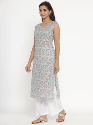 Womens Pure Cotton Floral Printed Sleeveless Straight Kurti 3