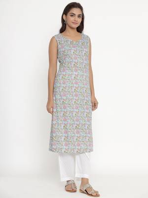 Womens Pure Cotton Floral Printed Sleeveless Straight Kurti 4