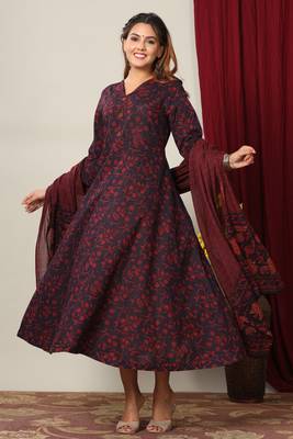 Pure Cotton Floral Printed Anarkali Kurta with Gold Print Dupatta for Womens/Girls 1