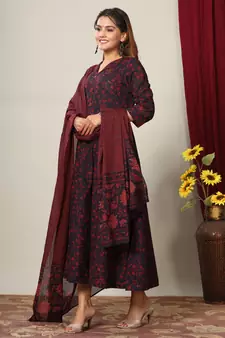 Pure Cotton Floral Printed Anarkali Kurta with Gold Print Dupatta for Womens/Girls
