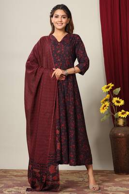 Pure Cotton Floral Printed Anarkali Kurta with Gold Print Dupatta for Womens/Girls 3