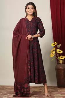 Pure Cotton Floral Printed Anarkali Kurta with Gold Print Dupatta for Womens/Girls