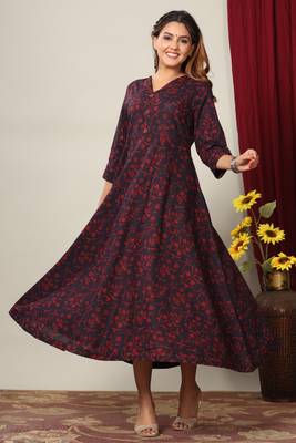 Pure Cotton Floral Printed Anarkali Kurta with Gold Print Dupatta for Womens/Girls 4
