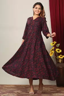 Pure Cotton Floral Printed Anarkali Kurta with Gold Print Dupatta for Womens/Girls
