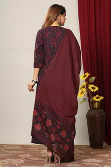 Pure Cotton Floral Printed Anarkali Kurta with Gold Print Dupatta for Womens/Girls