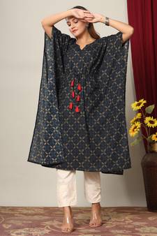Womens Floral Printed Cotton Kaftan Kurti
