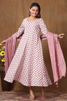 Pure Cotton Floral Printed Anarkali Kurta with Floral Printed Dupatta for Womens/Girls