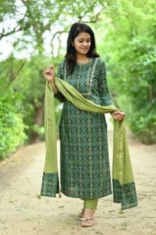 Womens Printed Embroidered Kurti Pant With Dupatta Set