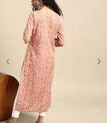 Women's Printed & Embroidered Straight Rayon Peach Kurta