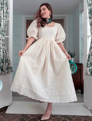 Beige Chikan Cotton Anarkali Embroidery Kurta Dress 1