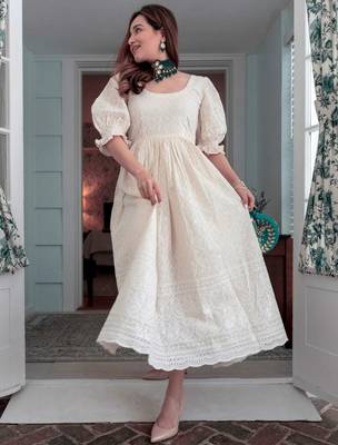 Beige Chikan Cotton Anarkali Embroidery Kurta Dress 2