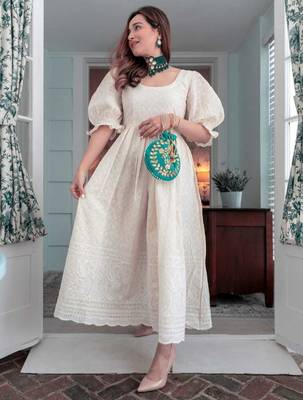 Beige Chikan Cotton Anarkali Embroidery Kurta Dress 3
