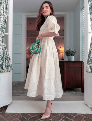 Beige Chikan Cotton Anarkali Embroidery Kurta Dress 4