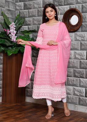 Pink Lucknowi Chikankari With Embroidery Cotton Kurta Partywear Gown With Dupatta 1