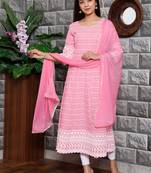 Pink Lucknowi Chikankari With Embroidery Cotton Kurta Partywear Gown With Dupatta