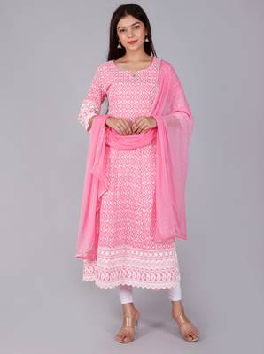 Pink Lucknowi Chikankari With Embroidery Cotton Kurta Partywear Gown With Dupatta 2