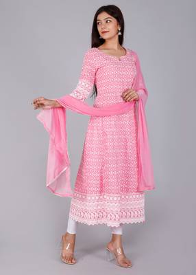 Pink Lucknowi Chikankari With Embroidery Cotton Kurta Partywear Gown With Dupatta 3