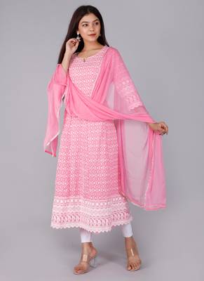 Pink Lucknowi Chikankari With Embroidery Cotton Kurta Partywear Gown With Dupatta 4