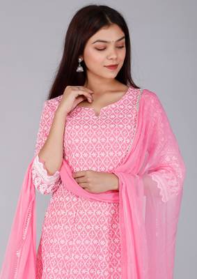 Pink Lucknowi Chikankari With Embroidery Cotton Kurta Partywear Gown With Dupatta 5
