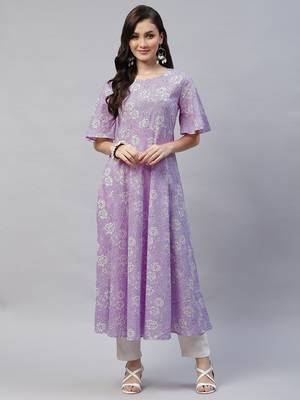 Womens Lavender floral Printed Anarkali Kurta 1